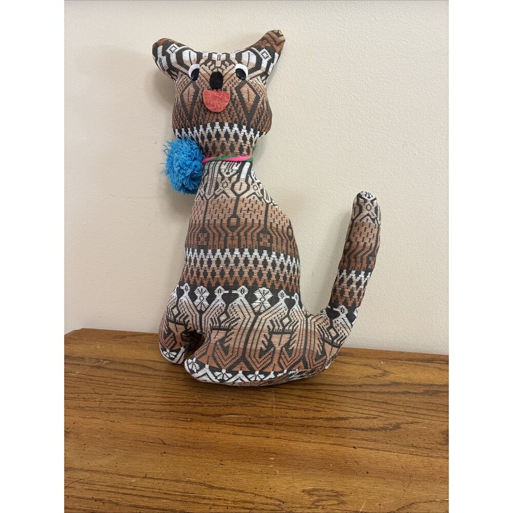 South American Folk Art Hand-Sewn Stuffed Fabric Cat 17” X 10”